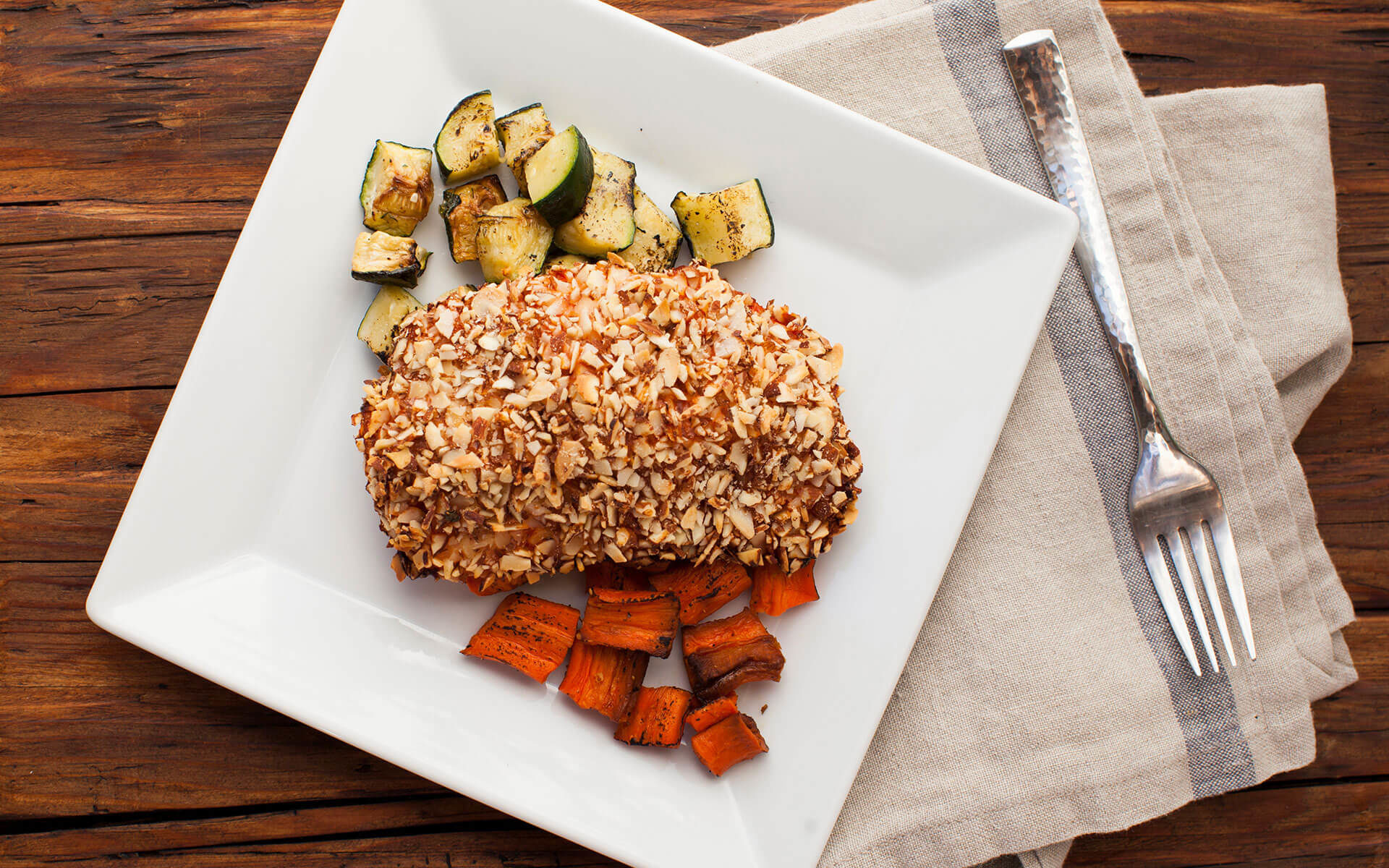 almond crusted salmon with zucchini and sweet potato