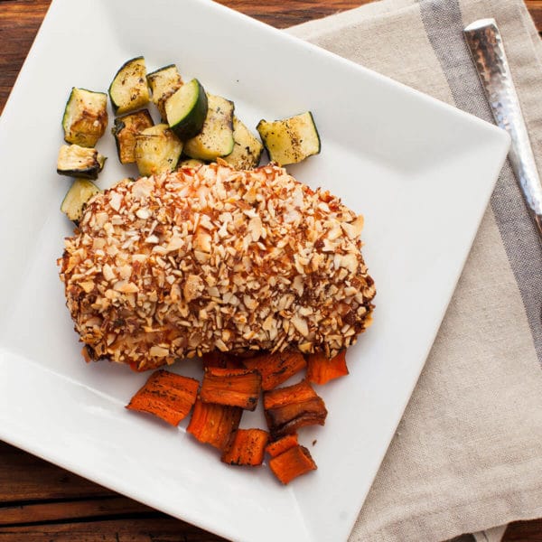 almond crusted salmon with zucchini and sweet potato