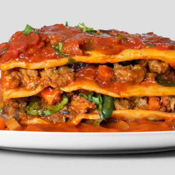 closeup on a plate of lasagna