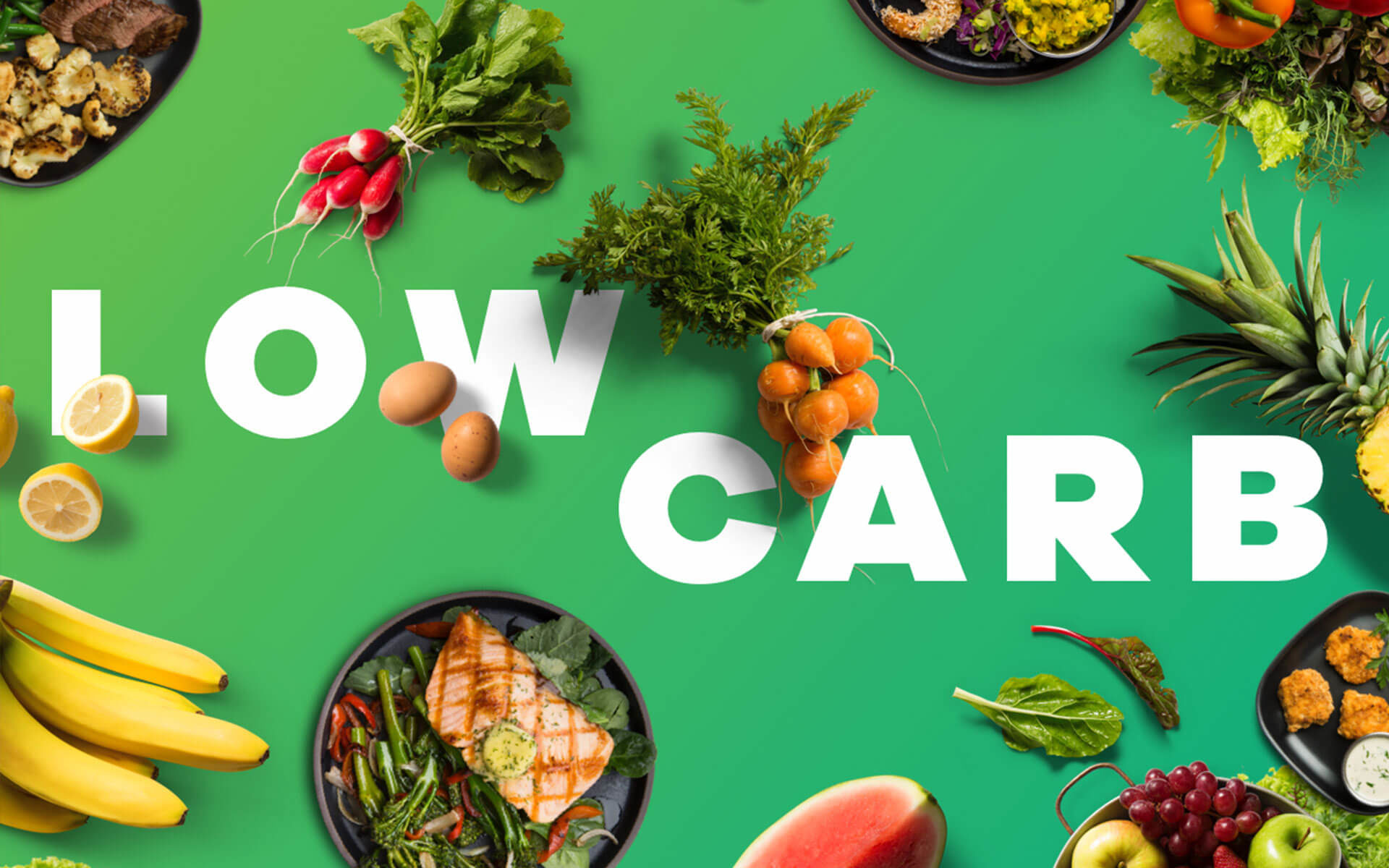the words Low Carb on a green background surrounded by fruits and veggies
