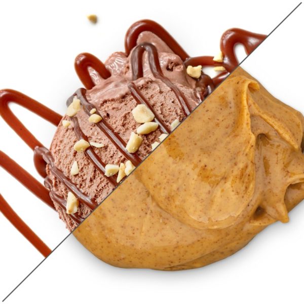 Split image of chocolate ice cream and a scoop of almond butter