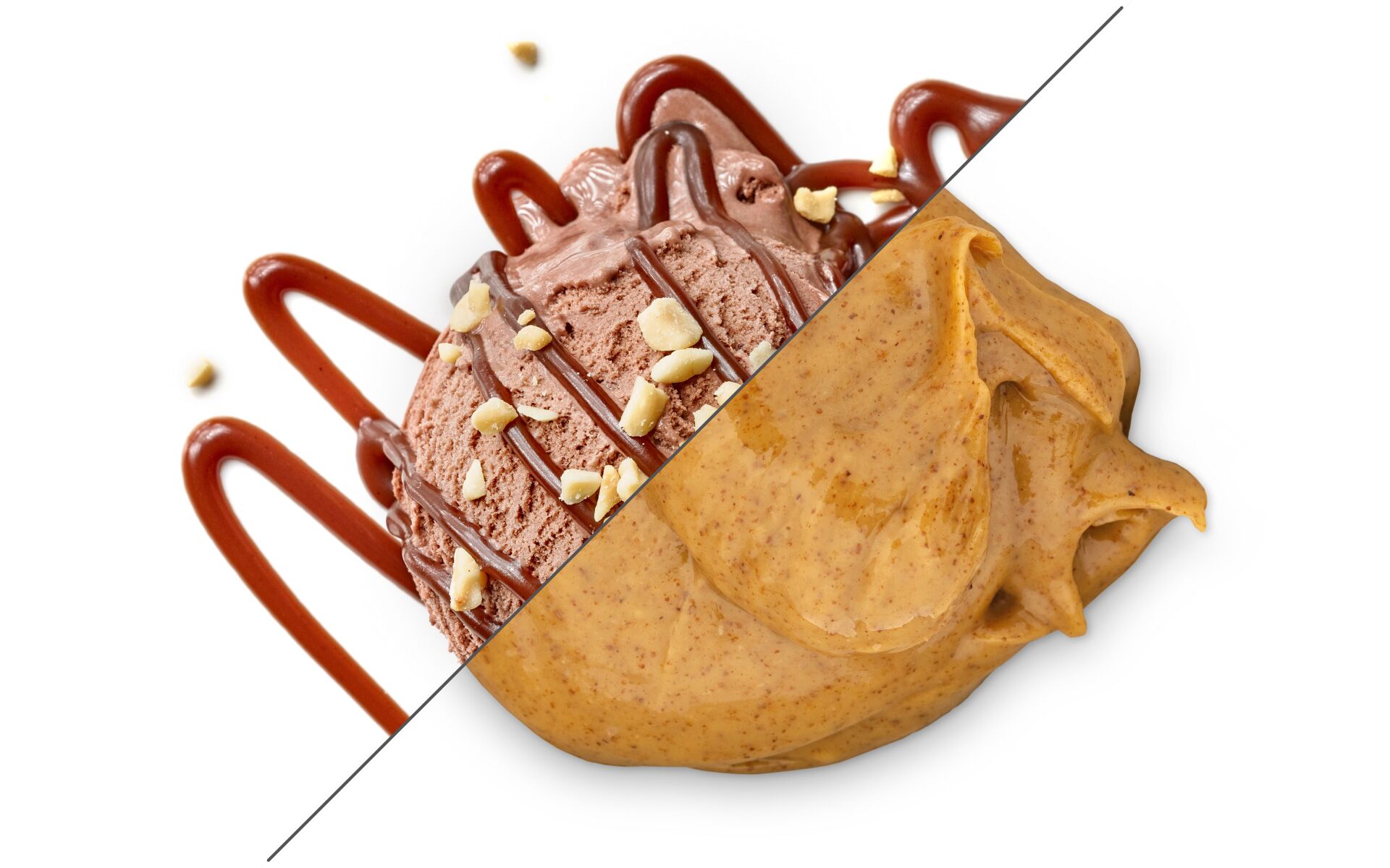 Split image of chocolate ice cream and a scoop of almond butter