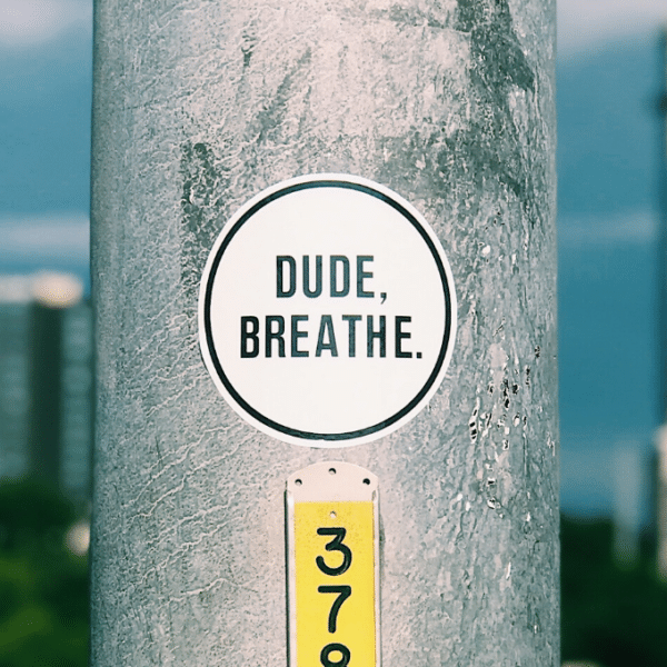 sticker on a utility pole that reads 'Dude, Breathe'