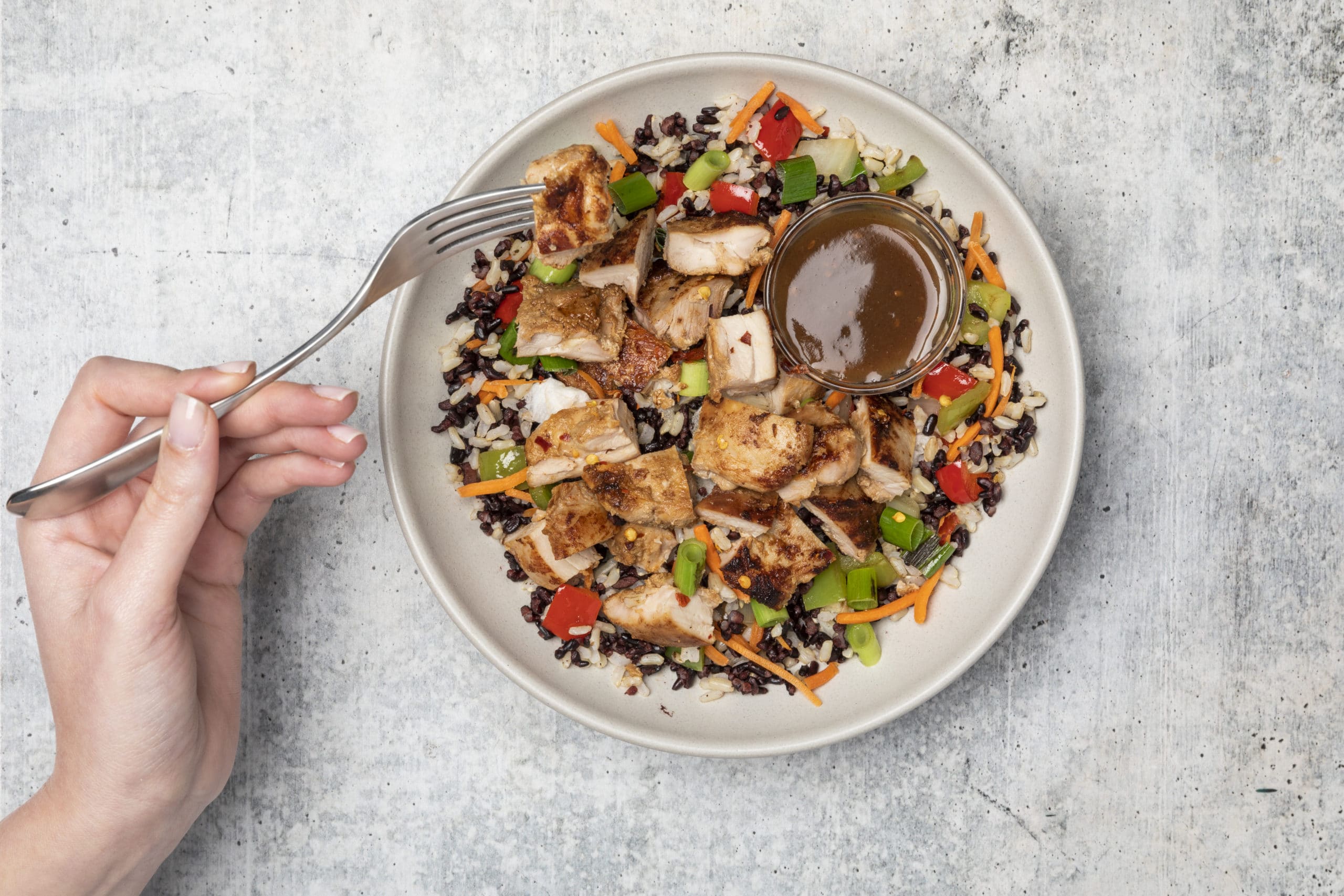 Chicken and rice bowl and dressing