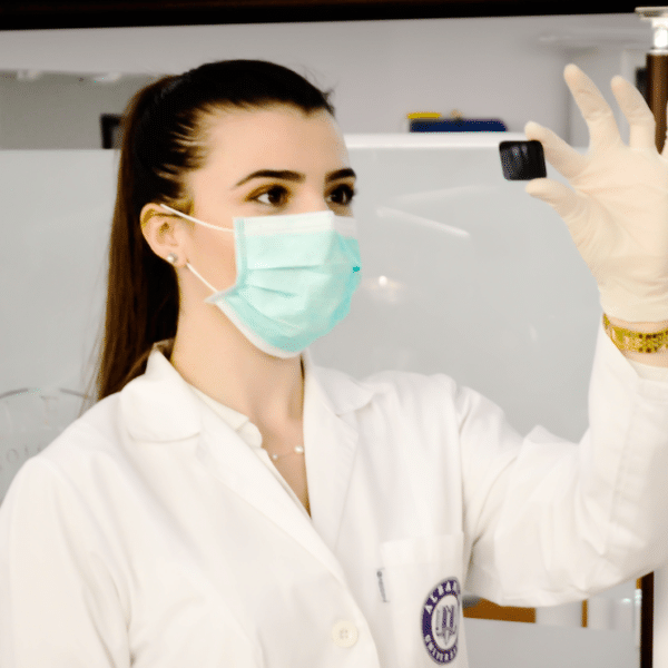 Female scientist wearing a surgical mask, white coat and latex gloves in a laboratory setting